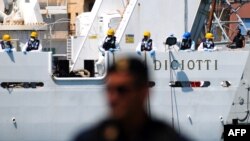 Italy's Diciotti coast guard vessel, carrying 67 asylum seekers, waits in Trapani port, July 12, 2018. 