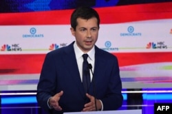 FILE - Democratic presidential hopeful Mayor of South Bend, Indiana Pete Buttigieg speaks during the second Democratic primary debate of the 2020 presidential campaign in Miami, June 27, 2019.