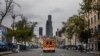 An ambulance of the LAFD Station No9 rides at Skid Row on April 12, 2020 in downtown Los Angeles, California.