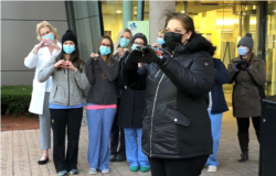 After her recovery, Karen Nascembeni returned to Lahey Hospital in Burlington, Massachusetts, to thank the medical staff that treated her, December 8, 2020. (Photo courtesy of Karen Nascembeni)