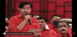 Putra Presiden Jokowi, Gibran Rakabuming, menyampaikan pidato usai mendapat rekomendasi untuk maju di Pilkada Solo 2020, 17 Juli 2020.