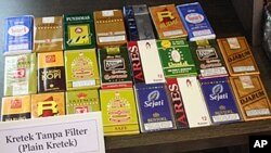 Local Indonesian cigarette brands on display at the World Tobacco Asia 2010 exhibition in Jakarta