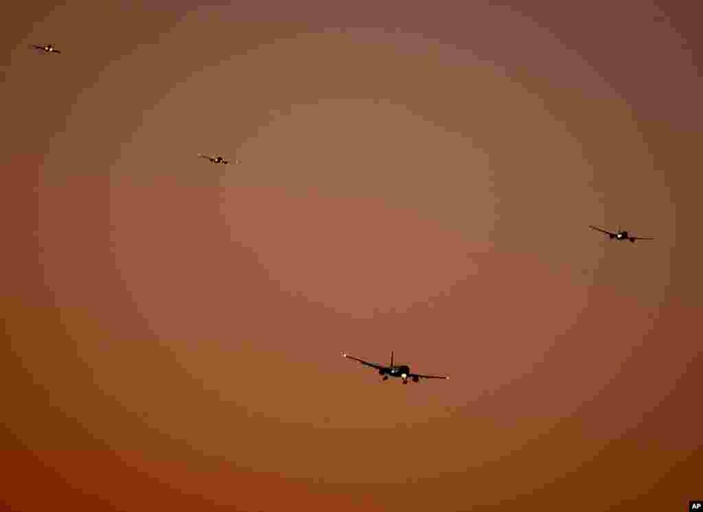 The first aircraft approach the international airport in Frankfurt, Germany, right after the landing ban ended.