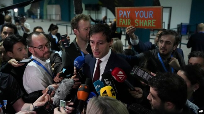 Wopke Hoekstra, EU climate commissioner, speaks to members of the media at the COP29 U.N. Climate Summit in Baku, Azerbaijan, Nov. 24, 2024.