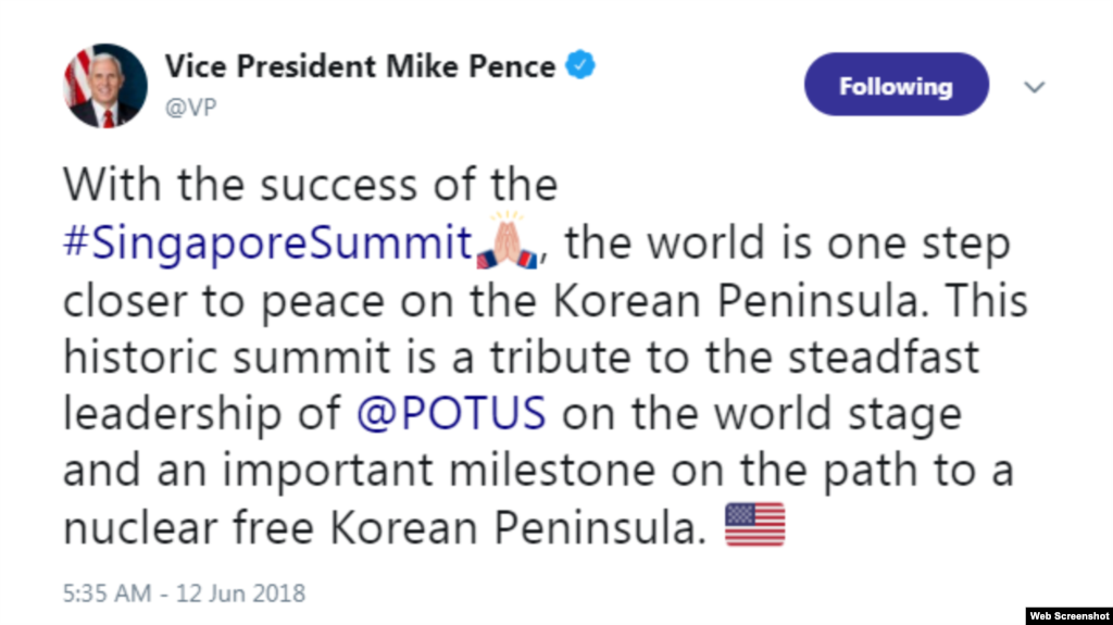 Vice President Mike Pence praised the president's leadership, saying the world is a step closer to peace on the Korean Peninsula.