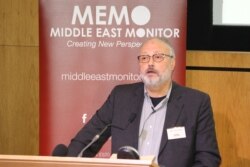 FILE - Saudi journalist Jamal Khashoggi speaks at an event hosted by Middle East Monitor in London, Sept. 29, 2018.