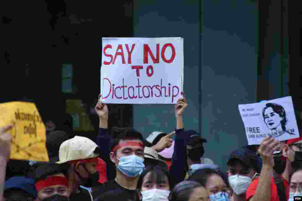 People gather to protest against the military coup in Yangon, Myanmar, Feb. 7, 2021. (Credit: VOA Burmese Service)