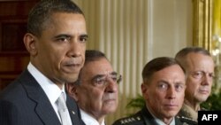 President Barack Obama, and from the left, Leon Panetta, General David Petraeus, and General John Allen in the White House in Washington, D.C., April 28, 2011 