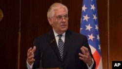  U.S. Secretary of State Rex Tillerson, speaks during a media conference at the Presidential Villa in Abuja, Nigeria, March 12, 2018.