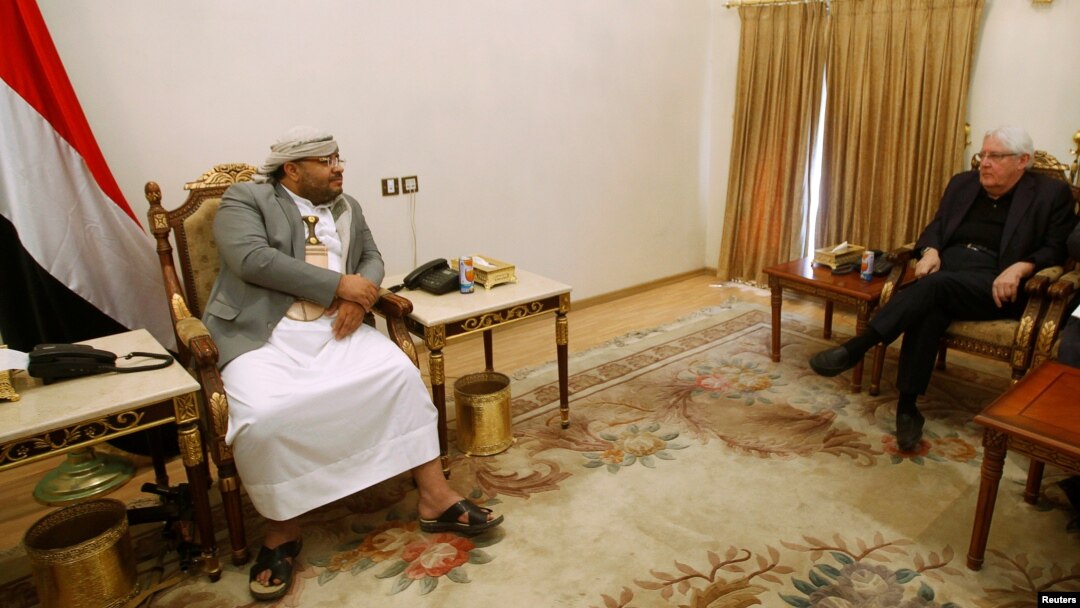 FILE - U.N. envoy to Yemen Martin Griffiths meets with Mohamed Ali al-Houthi, head of the Houthi supreme revolutionary committee, in Sanaa, Yemen, Nov. 24, 2018. 