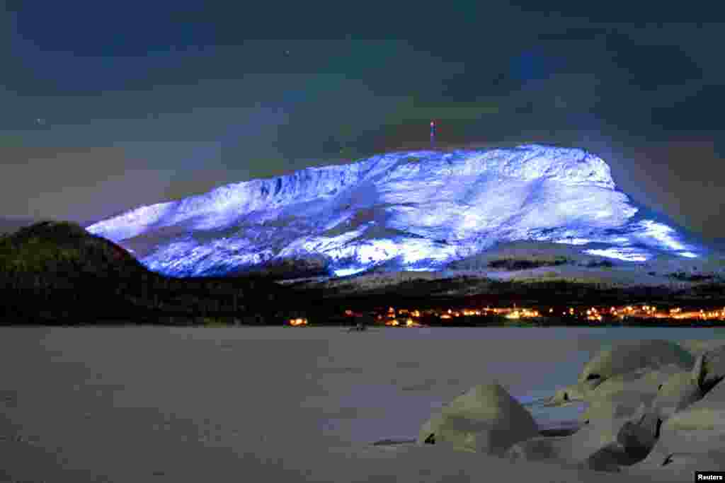 The Saana fell is lighted as part of the Luminous Finland 100 project, a light art event that will be held in honor of the 100th anniversary of Finland&#39;s independence, in Kilpisjarvi, Finland.