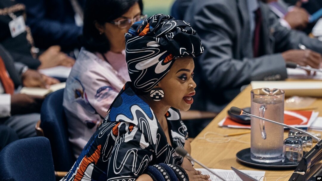 FILE - Nelson Mandela's granddaughter, Zoleka Mandela speaks during a High Level Meeting on Non-communicable Diseases at U.N. headquarters, Thursday, Sept. 27, 2018.