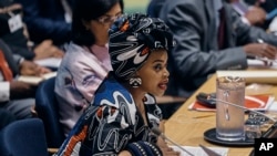 FILE - Nelson Mandela's granddaughter, Zoleka Mandela speaks during a High Level Meeting on Non-communicable Diseases at U.N. headquarters, Thursday, Sept. 27, 2018.