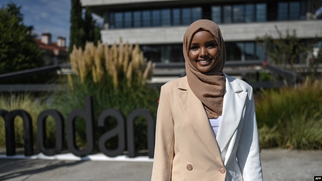 Somali American former model Halima Aden poses Sept. 14, 2021, during an event in Istanbul.
