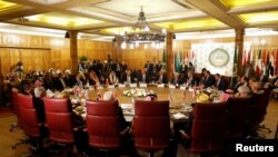 A general view shows a meeting of the Arab League's foreign ministers after U.S. President Donald Trump announced his Middle East peace plan, in Cairo, Egypt, Feb. 1, 2020. 
