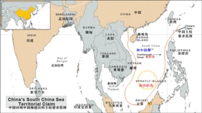 中国的南中国海主权要求范围示意图(有争议岛屿以英文与中国名称标示）