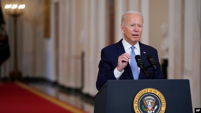 President Joe Biden speaks about the end of the war in Afghanistan from the State Dining Room of the White House, Aug. 31, 2021.