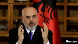 FILE PHOTO: Albanian Prime Minister Edi Rama delivers a speech during a news conference in Tirana, Albania, Oct. 18, 2019. 