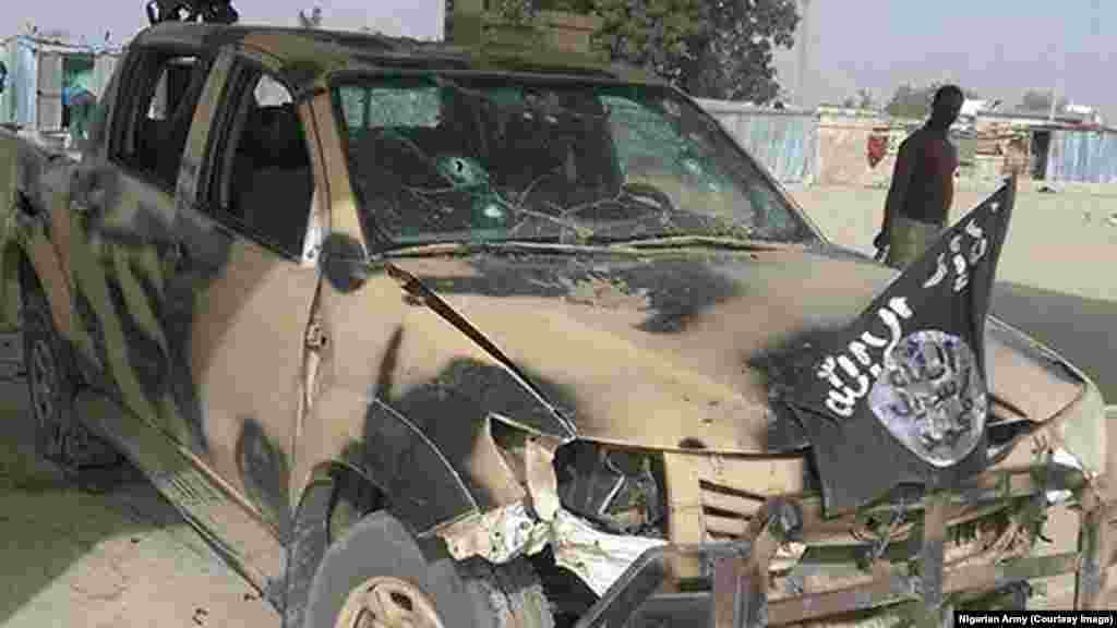 Abandoned Boko Haram vehicle after an attack on Dikwa, Borno State, Nigeria, February 24, 2016.