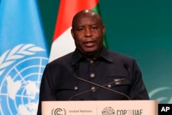 FILE - Burundi President Evariste Ndayishimiye speaks during a plenary session at the COP28 U.N. Climate Summit, December 2, 2023.