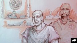 In this courtroom sketch, Cesar Sayoc, left, appears in federal court in Miami, Florida, Oct. 29, 2018. 