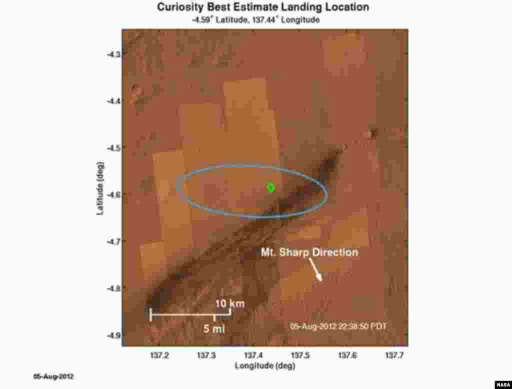 El punto verde que aparece en esta imagen señala el lugar donde el Curiosity aterrizó en Marte. 