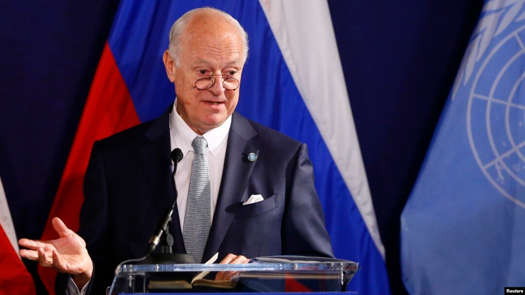 FILE - United Nations Special Envoy on Syria Staffan de Mistura speaks during a news conference in Vienna, Austria, May 17, 2016. 
