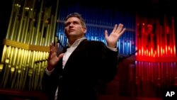 Eduardo Mendez, newly named executive director of the National System of Youth and Children's Orchestras of Venezuela better known as El Sistema, or The System, speaks during an interview at an auditorium in Caracas, Venezuela, March 26, 2018. 