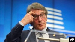 European Parliament President David Sassoli speaks during a media conference at an EU summit in Brussels, Feb. 20, 2020.