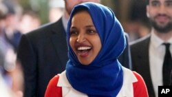 Rep. Ilhan Omar, D-Minn., arrives for President Donald Trump's State of the Union address to a joint session of Congress on Capitol Hill in Washington, Feb. 5, 2019.