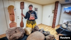 Laura Tarita Rapu Alarcon is seen on the occasion of the return of remains from the Kon-Tiki Museum to Easter Island, in Oslo, Norway, Nov. 12, 2024. (Lise Aserud/NTB/via Reuters) 