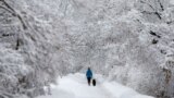 A woman walks a dog on a snow-covered path beside the Rideau Canal in Ottawa, Ontario, Canada.