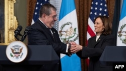 El presidente de Guatemala, Bernardo Arévalo, y la vicepresidenta de Estados Unidos, Kamala Harris, estrechan las manos antes de reunirse para un encuentro bilateral en la Casa Blanca, el 25 de marzo de 2024.