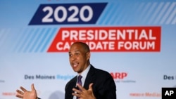 FILE - Democratic presidential candidate Sen. Cory Booker speaks during a presidential candidates forum sponsored by AARP and The Des Moines Register in Des Moines, Iowa, July 15, 2019. 