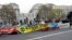 The road is blocked by demonstrators during a climate protest at Marble Arch in London, Tuesday, April 16, 2019. 