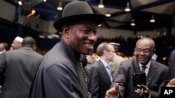 Shugaban Najeriya Goodluck Jonathan, Dandalin tattalin Arzikin Duniya (WEF) da Abuja, Mayu 8, 2014.