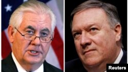 Menlu AS yang baru dipecat, Rex Tillerson (kiri) dan penggantinya, Direktur CIA Mike Pompeo. 