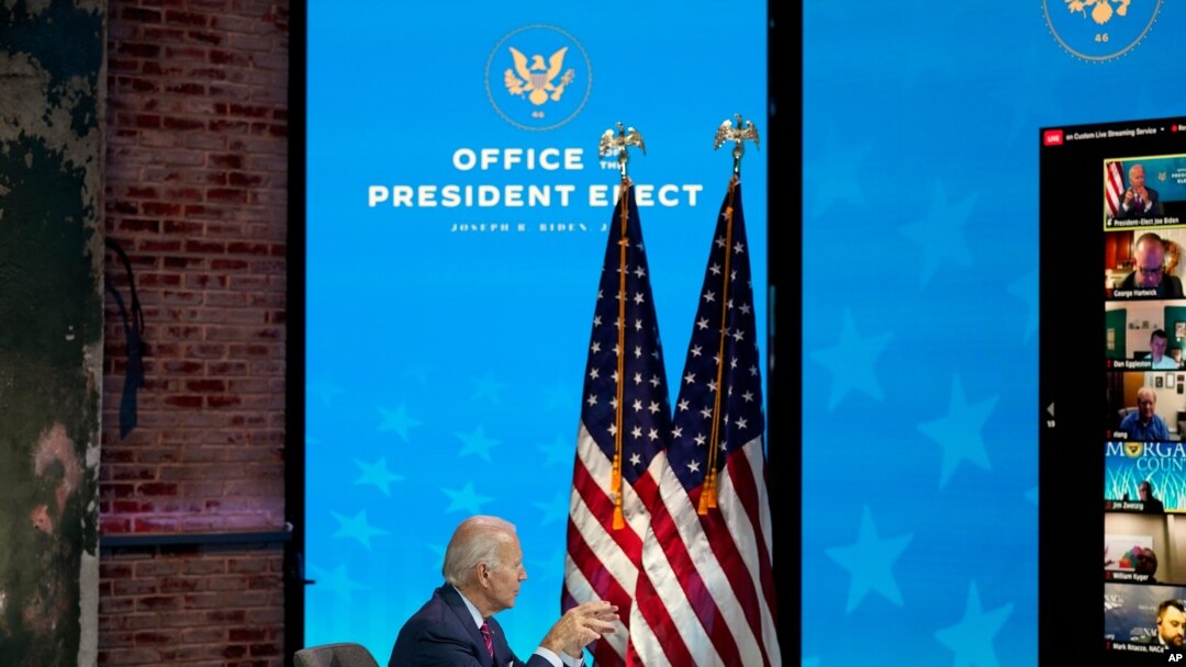 President-elect Joe Biden participates in a virtual meeting with the National Association of Counties Board of Directors about jobs at The Queen theater, Dec. 4, 2020, in Wilmington, Del.