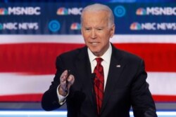 Democratic presidential candidate and former Vice President Joe Biden speaks during a Democratic presidential primary debate, Feb. 19, 2020, in Las Vegas, hosted by NBC News and MSNBC.