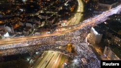 A drone shot shows Belgrade University students participating in a 24-hour blockade of a major junction during a protest in Belgrade, Serbia, Jan. 27, 2025.