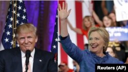 FILE - A new Quinnipiac University poll shows tight competition in Florida, Ohio and Pennsylvania for opposing presidential candidates Republican Donald Trump, left, and Democrat Hillary Clinton.