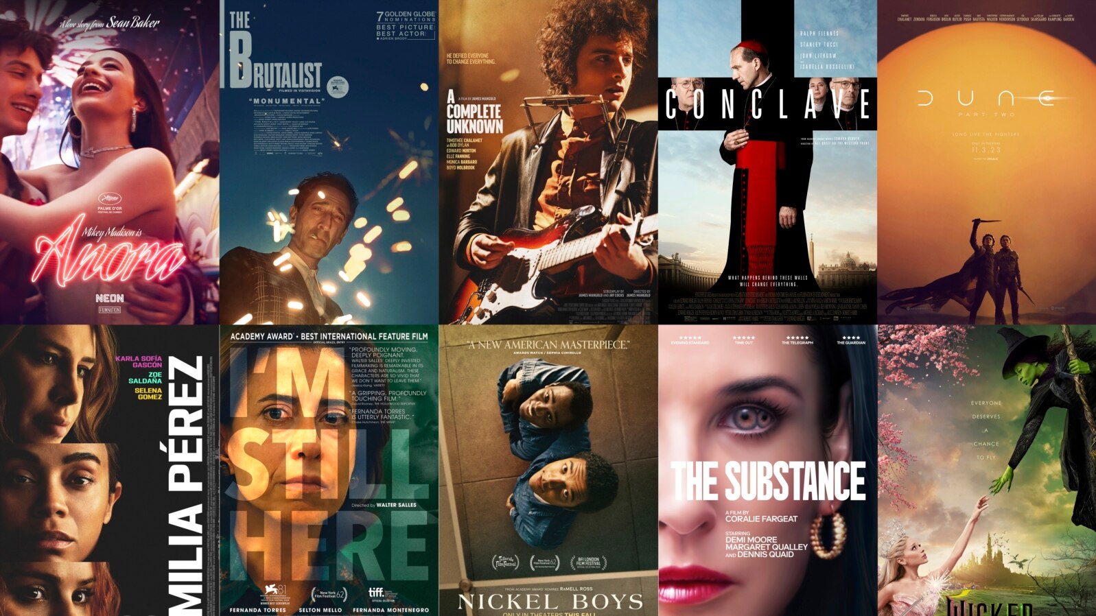 Kombionasi poster dari sejumlah film yang masuk dalam nominasi Film terbaik dalam ajang Academy Awards ke-97. (Foto: Neon/A24/Searchlight Pictures/Focus Features/Warner Bros. Pictures/Netflix/Sony Pictures Classics/Amazon-MGM/Mubi/Universal Pictures via AP)