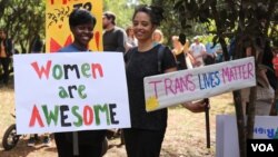 Participants prepare to march in Nairobi's Karura forest during the Women's March, Kenya. January 21, 2017. (J.Craig/VOA)