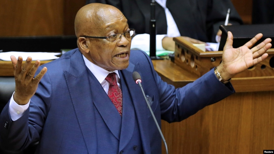 FILE – South African President Jacob Zuma addresses parliament in Cape Town, Nov. 2, 2017. Closed-door negotiations this week are aimed at persuading him to leave office.