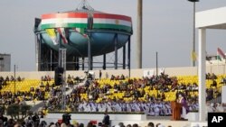 Pope Francis celebrates mass at the Franso Hariri Stadium in Irbil, Kurdistan Region of Iraq, Sunday, March 7, 2021. 