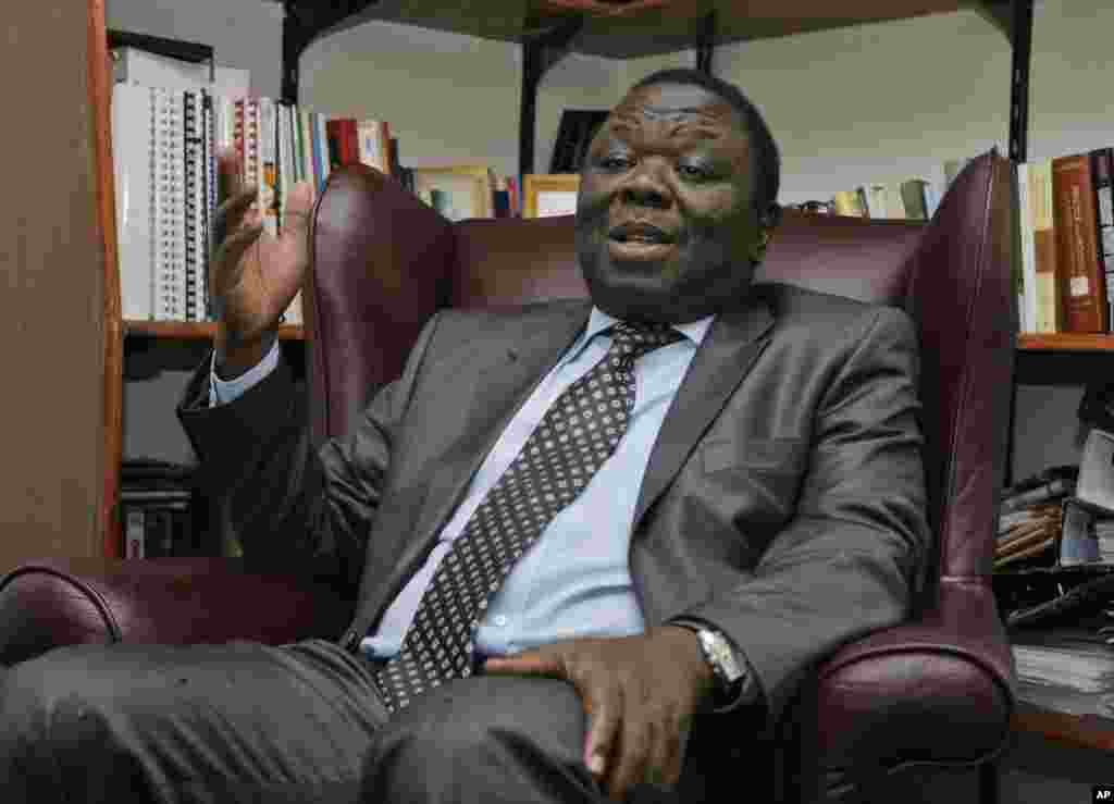 Morgan Tsvangirai speaks at his home a day after the historic signing of the power sharing deal which saw him becoming the new Prime Minister of Zimbabwe in Harare Tuesday, Sept, 16, 2008. &nbsp;