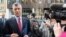 Kosovo's Prime Minister Hashim Thaci talks with journalists as he arrives for a meeting with EU foreign policy chief Catherine Ashton at the European Diplomatic Service headquarters in Brussels, April 17, 2013
