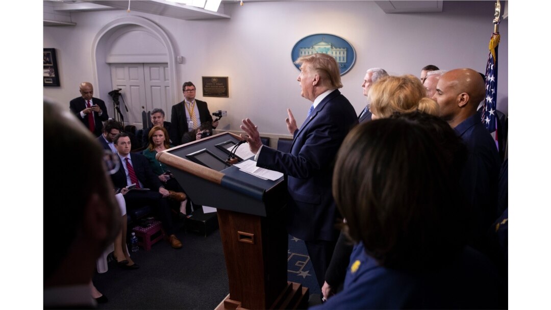 President Donald Trump speaks during a briefing about the coronavirus in the James Brady Press Briefing Room of the White House, March 15, 2020, in Washington.