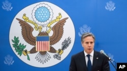 US Secretary of State Antony Blinken speaks to employees at the US Embassy in Reykjavik, Iceland, May 18, 2021.