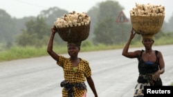 Women carry maize retrieved from fields flooded in the aftermath of Cyclone Kenneth, along the Mieze river near Pemba, Mozambique, April 30, 2019